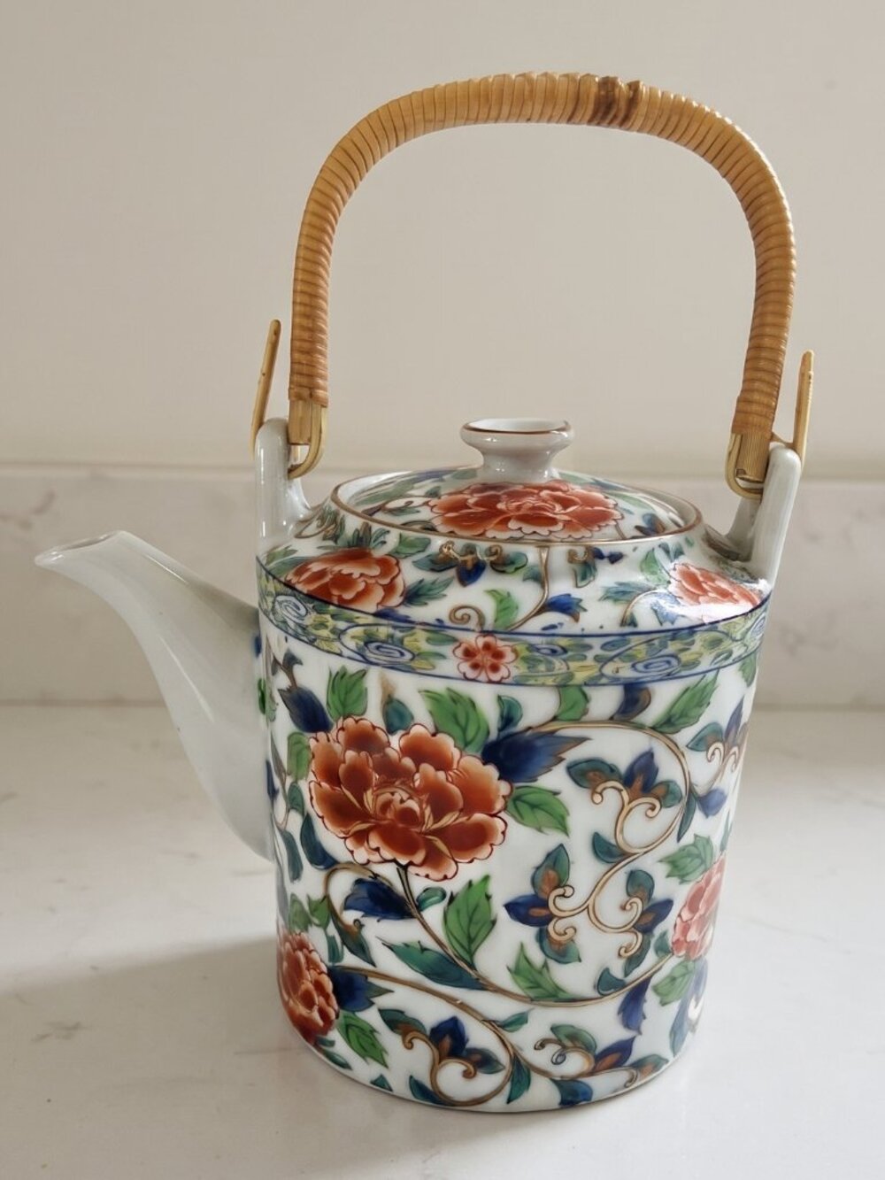 Vintage Takahashi Style Japanese Porcelain Teapot Bamboo Handle Peony Sakura